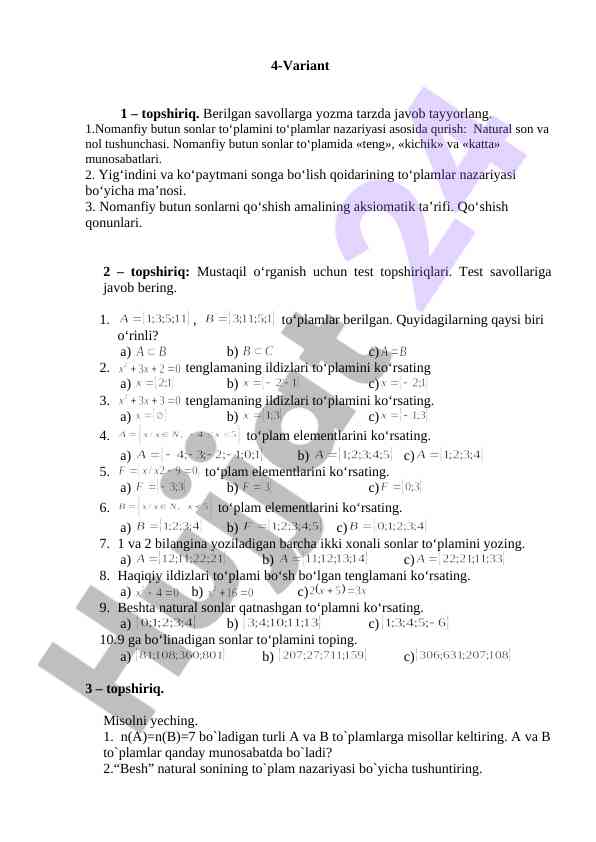 Nomanfiy Butun Sonlar Bo'yicha Test Topsiriqlari