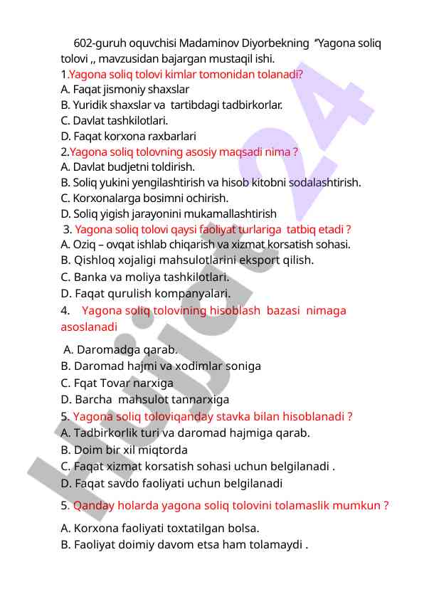 Yagona soliq tolovi mavzusidagi mustaqil ish