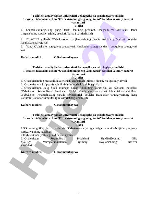 O‘zbekistonning eng yangi tarixi yakuniy nazorat varianti