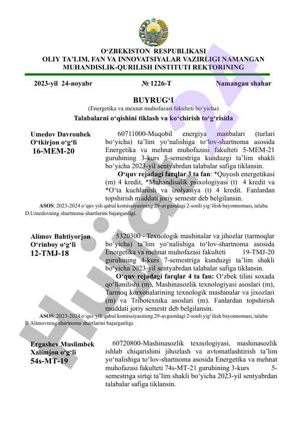 Talabalarni o‘qishini tiklash va ko‘chirish bo‘yicha buyruq