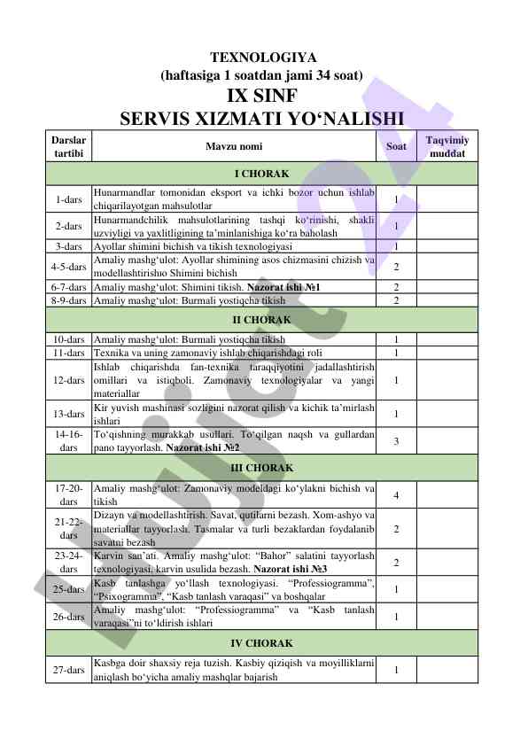 Mahsulotlar va texnologiyalar bilan bichish darslari