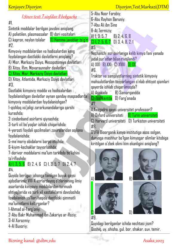 Sinov testlari 7-sinf kimyo darsidan