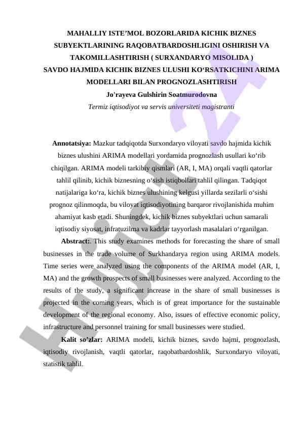 Mahalliy iste’mol bozorlarida kichik biznes raqobati