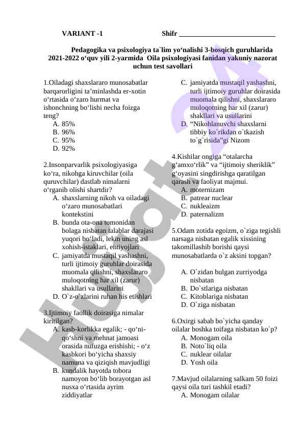 Oila psixologiyasi fanidan test savollari