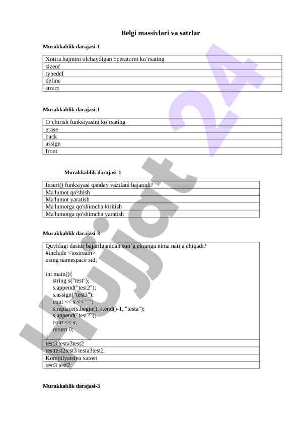 Belgi massivlari va satrlar dasturlash misollari