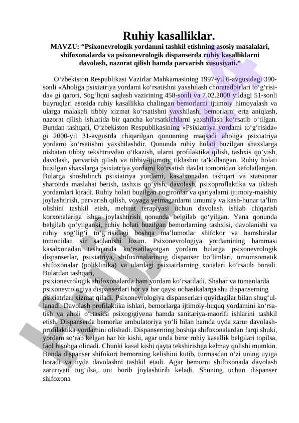 Psixonevrologik yordamni tashkil etish masalalari