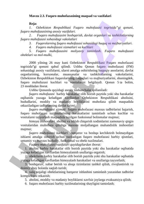 Fuqaro muhofazasining maqsadlari va vazifalari