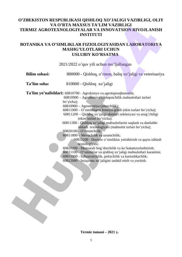 Botanika va o’simliklar fiziologiyasidan laboratoriya mashg’ulotlari