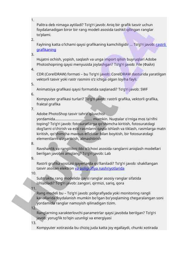 Grafik tasvirlar bo‘yicha test savollari aytish