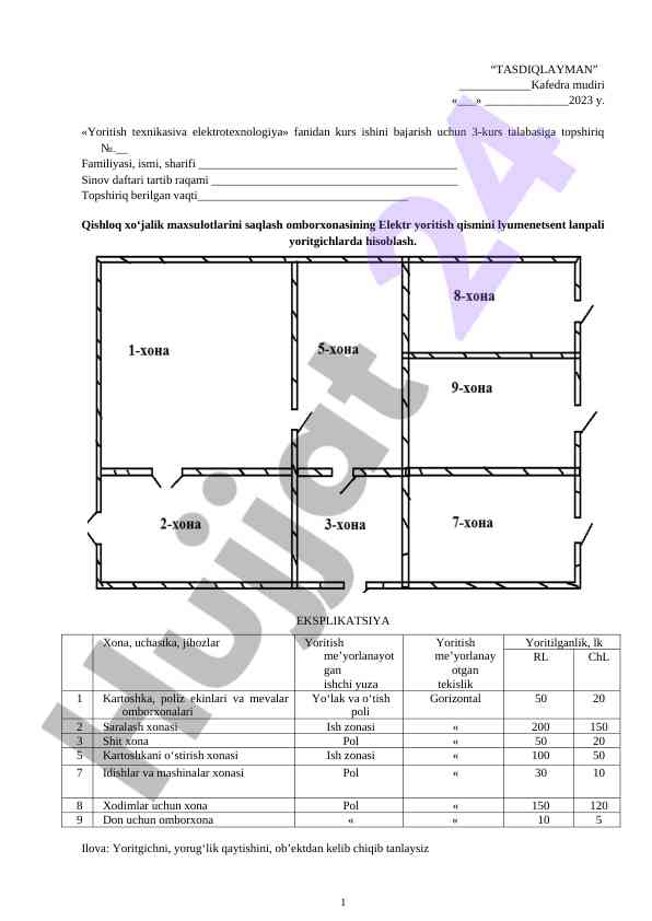Yoritish texnikasi va elektrotexnologiya kurs ish