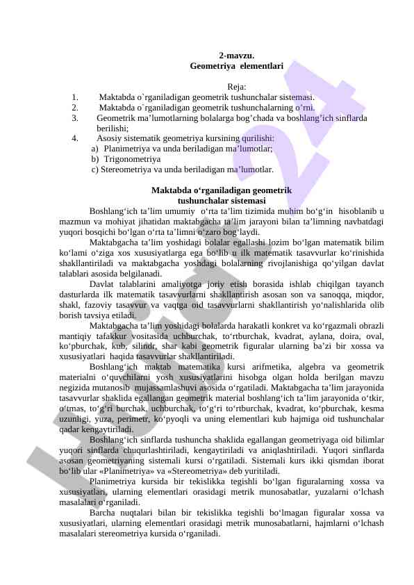 Geometriya elementlari maktab ta'limida