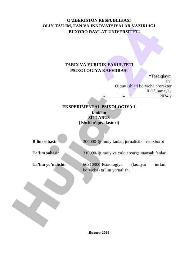 EKSPERIMENTAL PSIXOLOGIYA FANIDAN SILLABUS