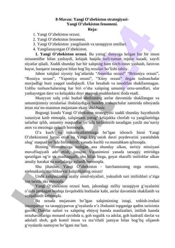 Yangi o’zbekiston strategiyasi fenomeni