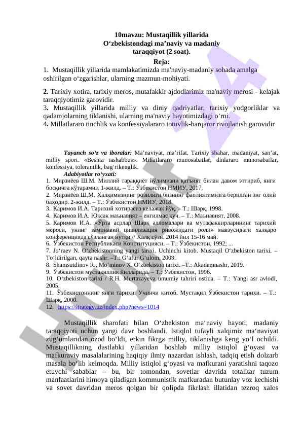 Mustaqillik yillarida o‘zbekistondagi ma’naviy taraqqiyot