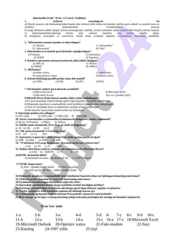 Informatika 9-sinf ii tur savollari