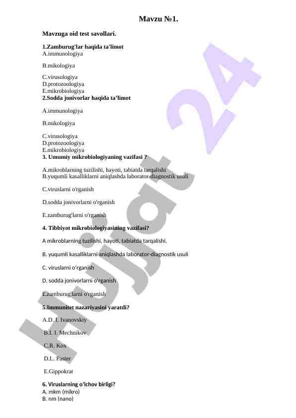 Mikrobiologiya test savollari bo'yicha mavzular