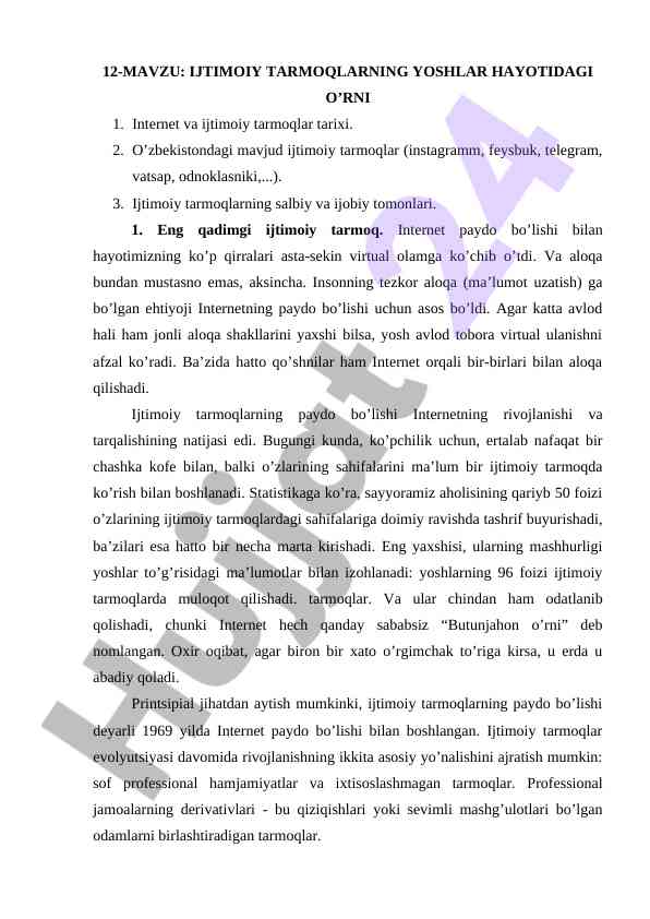 Ijtiomiy tarmoqlarning yoshlar hayotidagi o’rni