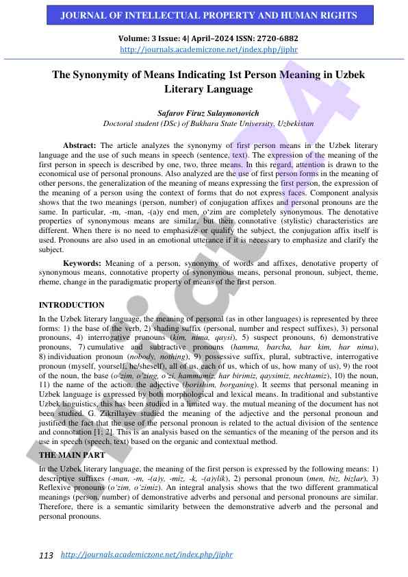 Synonymity of means indicating 1st person in uzbek language