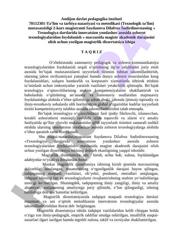 Texnologiya darslarida innovatsion yondashuv