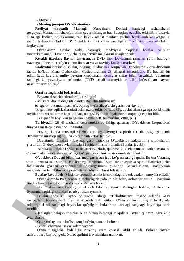 Mening jonajon o’zbekistonim mavzusida dars ishlanmasi