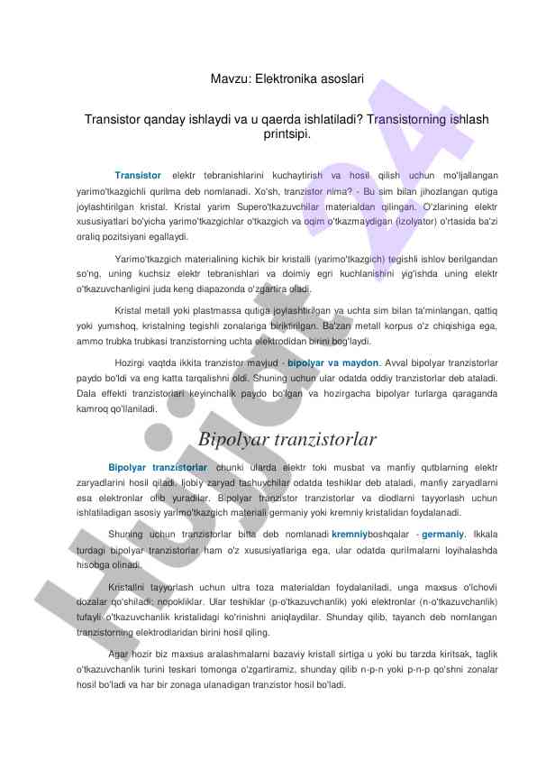 Elektronika asoslari va tranzistor ishlash printsipi