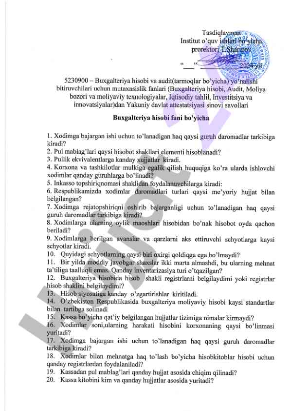 Buxgalteriya hisobi va audit sinov savollari