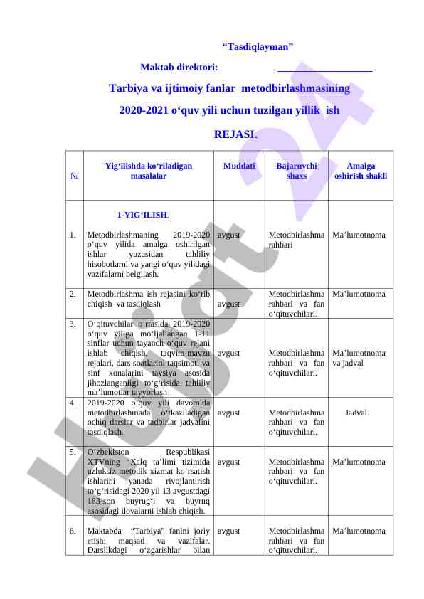 Yillik ish rejasi 2020-2021 o‘quv yili