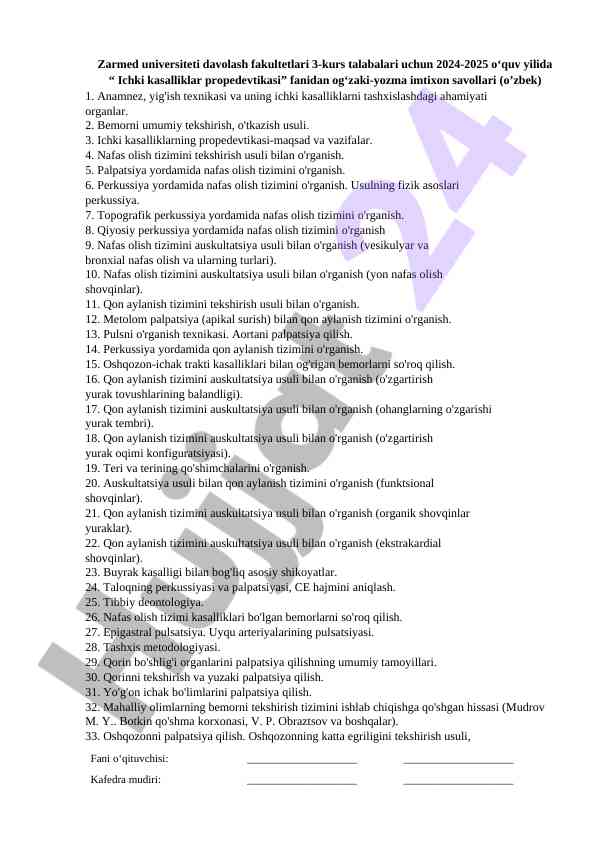 Ichki kasalliklar propedevtikasi imtihon savollari