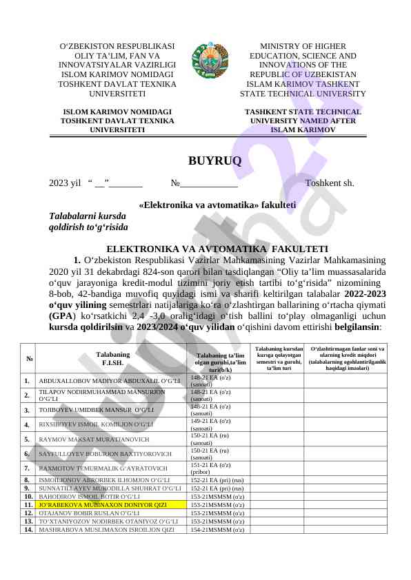 Elektronika va avtomatika fakulteti talabalari