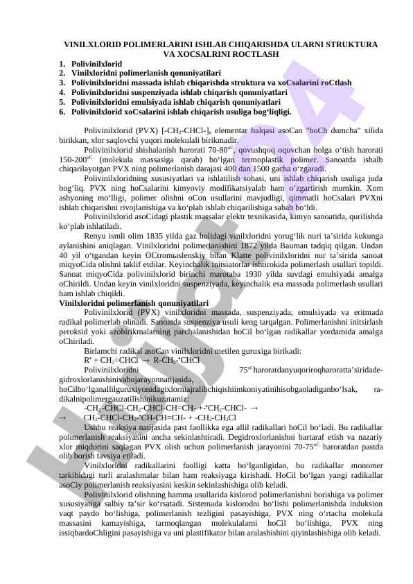 Vinilxlorid polimerlarini ishlab chiqarish va xususiyatlari