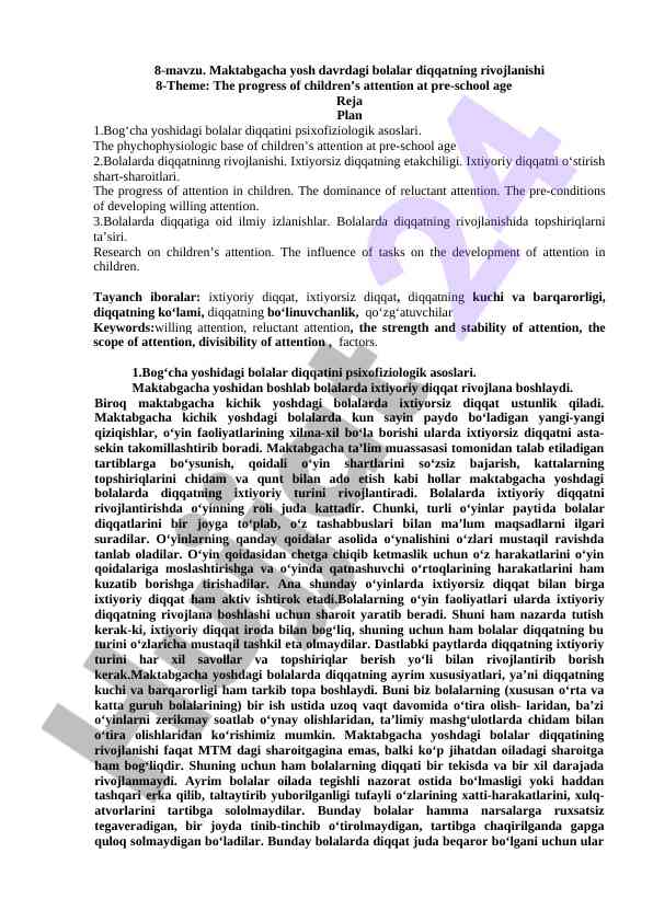 Bolalar diqqatining rivojlanishi maktabgacha yoshda