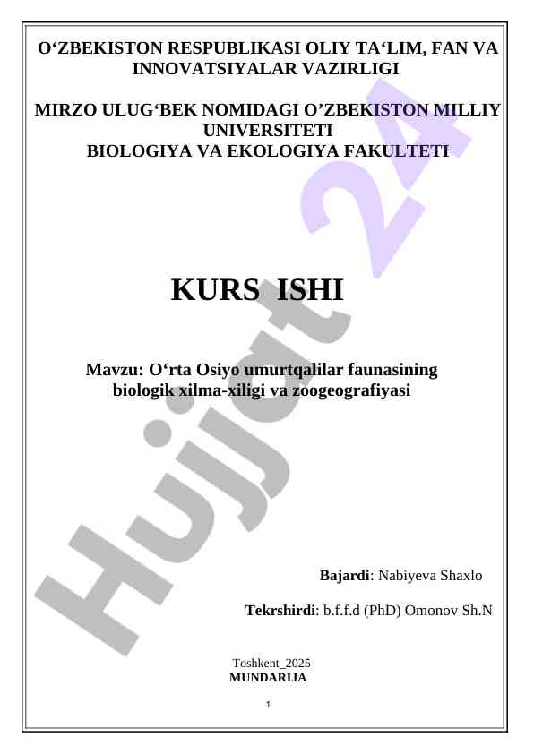 O‘rta osiyo umurtqalilar faunasining biologik xilma-xiligi
