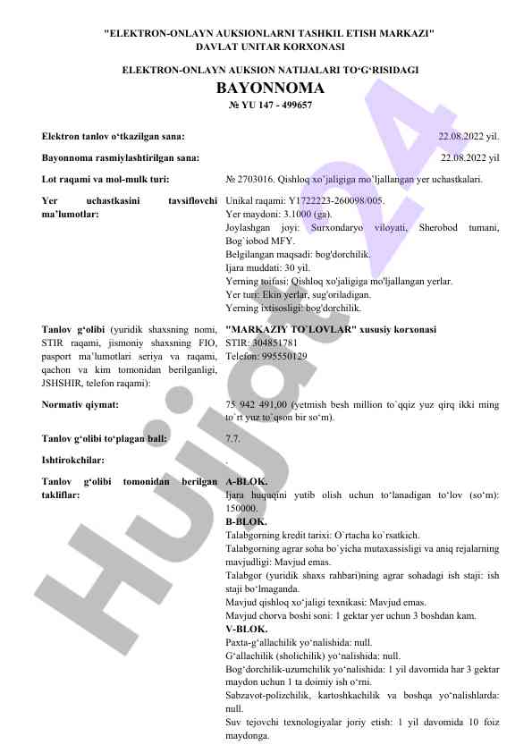 Elektron-onlayn auksion natijalari bayon nomasi 2022
