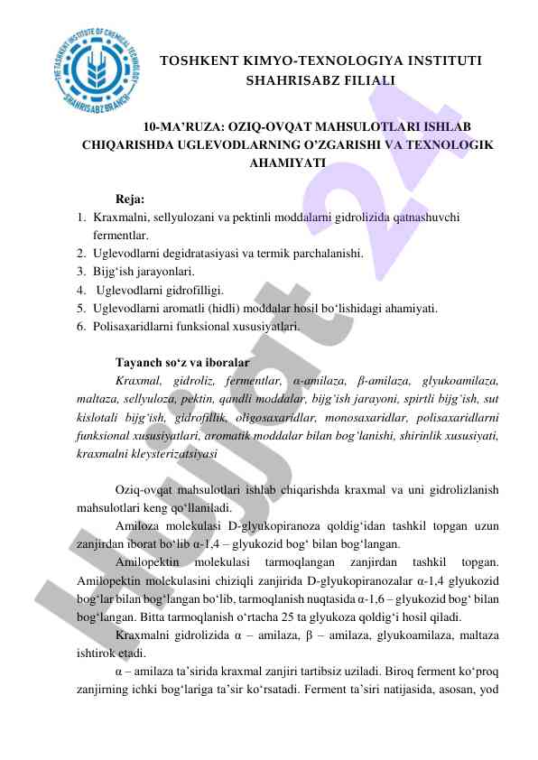 Oziq-ovqat mahsulotlari ishlab chqarishda uglevodlar