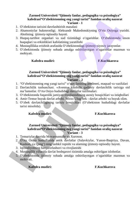 O‘zbekistonning eng yangi tarixi oraliq nazorat