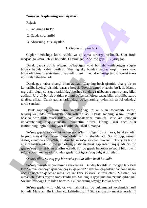 Gaplarning xususiyatlari va turlari