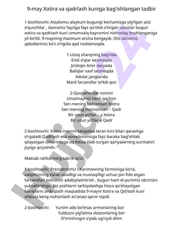9-may xotira va qadrlash kuniga bag’ishlangan tadbir