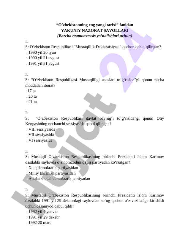 O’zbekiston yangi tarixi yakhshi nazorat savollari