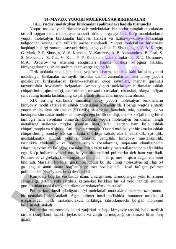 Yuqori molekulyar birikmalar haqida tushuncha