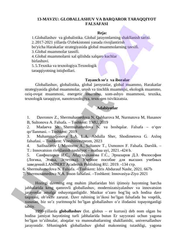 Globallashuv va barqaror taraqqiyot falsafasi