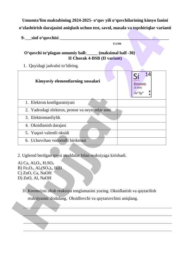 Test varianti kimyo fanini o‘zlashtirish 9-sinf
