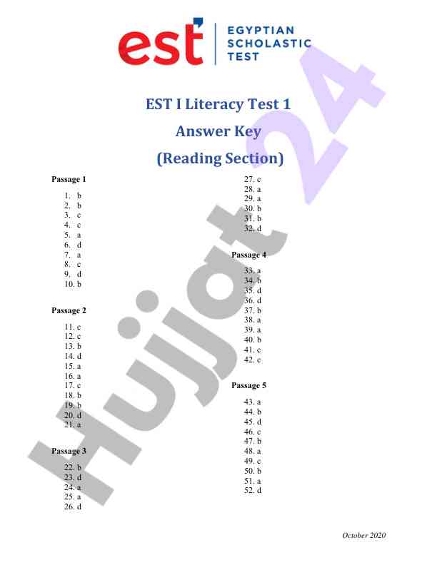 October 2020 est i literacy test answer key