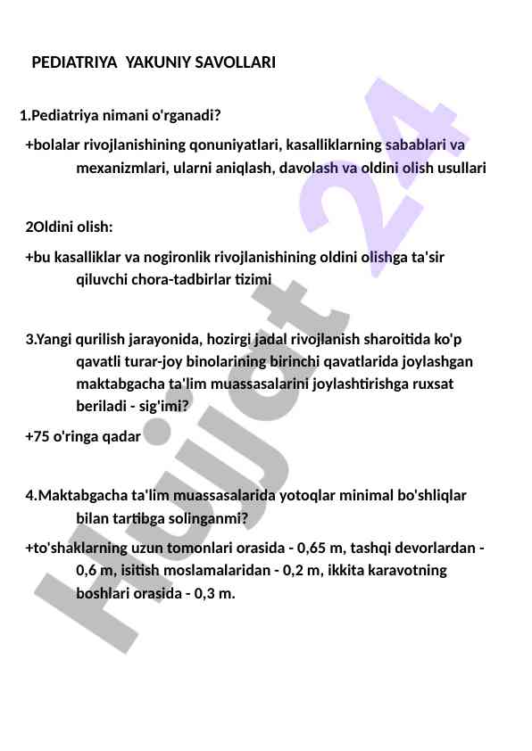 Pediatriya yakuniy savollari va javoblari