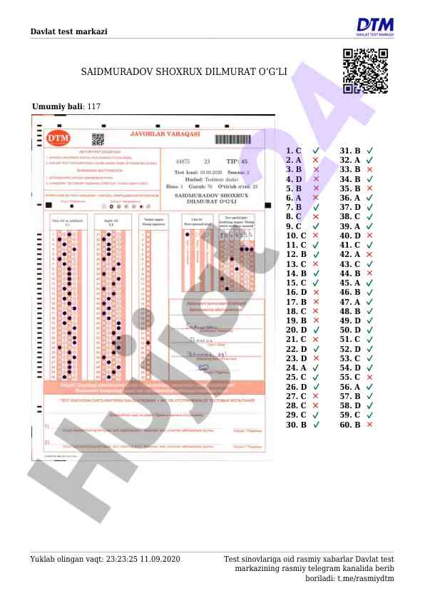 Test sinovlariga oid rasmiy xabarlar