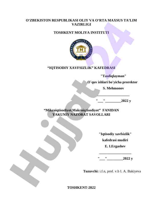 Mikroiqtisodiyot va makroiqtisodiyot fanidan nazorat savollari