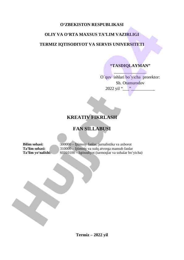 Kreativ fikrlash fan silabusi 2022-2023