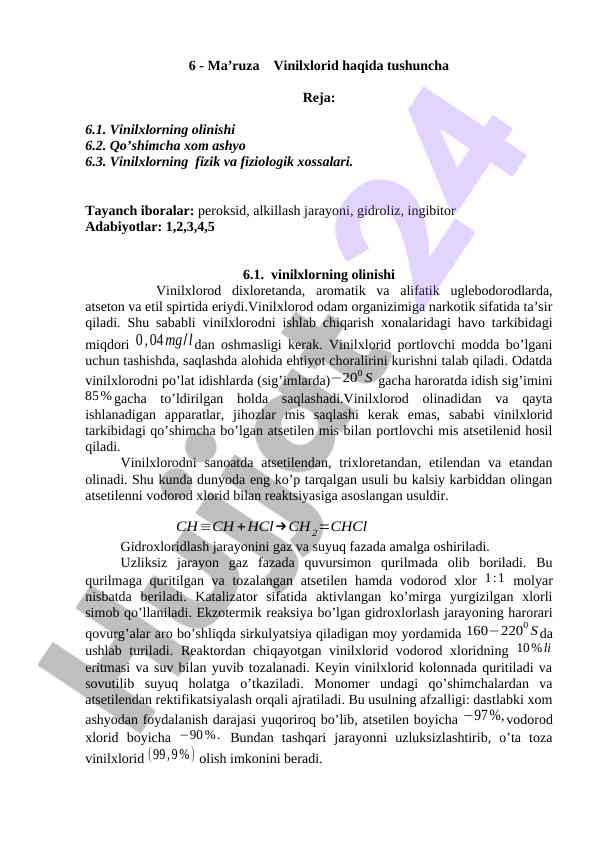 Vinilxlorid haqida ma’ruza rejasi