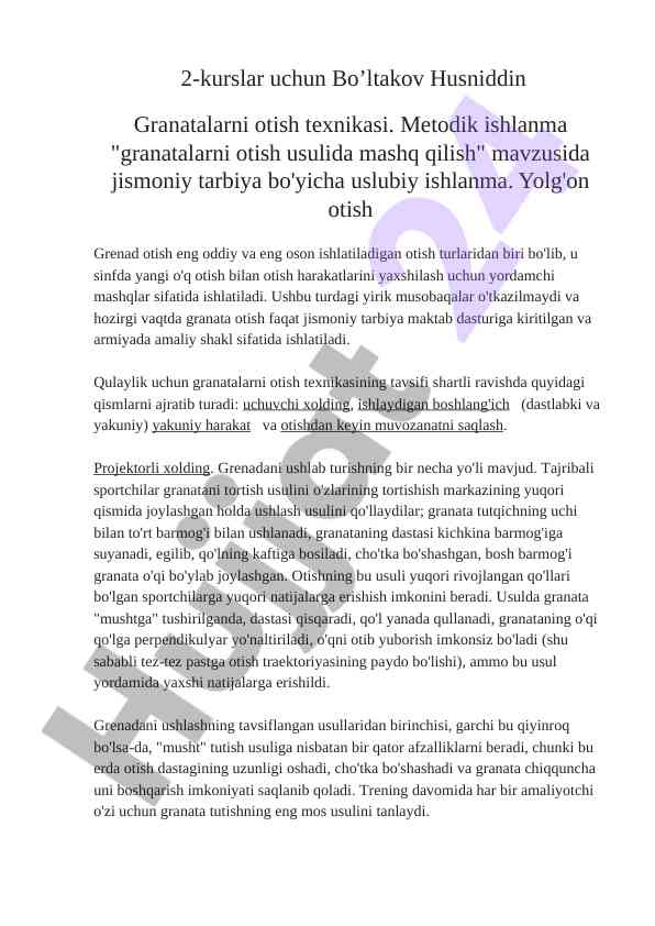 Granatalarni otish texnikasi metodik ishlanma