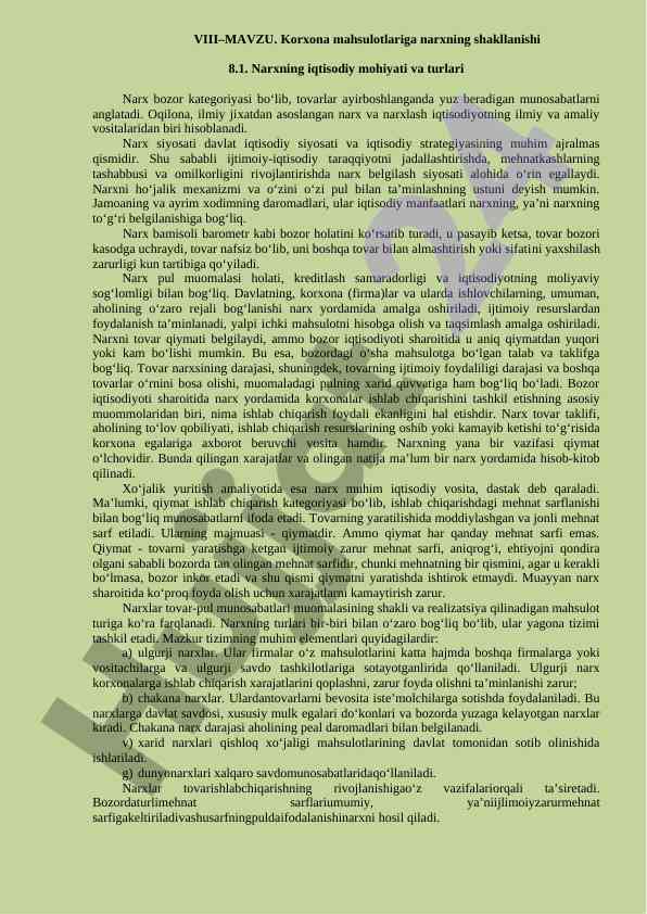 Korxona mahsulotlariga narxning shakllanishi