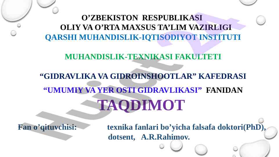 Suyuqlik harakat rejimlari haqida taqdimot